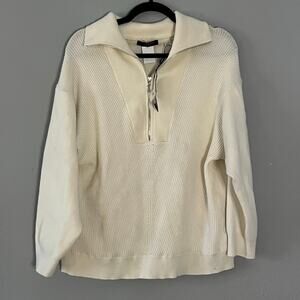 NWT Tahari Woman's 1X Large Ivory Ribbed Half Zip Collared Sweater Pullover Top